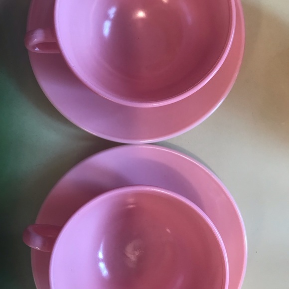 2 Vintage Hazel Atlas Moderntone Platonite Coffee Tea Cups & Saucers Pink - Picture 6 of 6